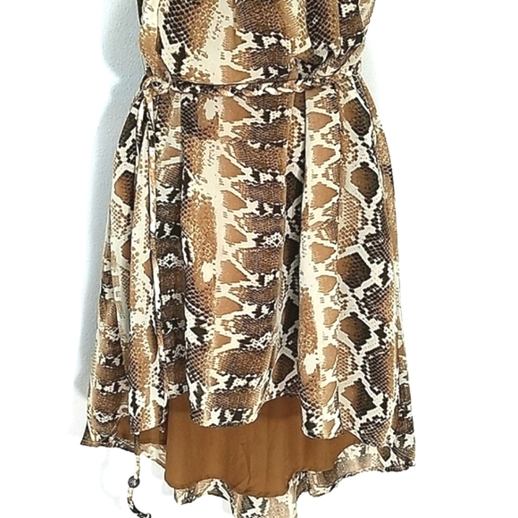 Sundress belted Python snake print lined chiffon high low Brown Tan Cream XS - Picture 3 of 13